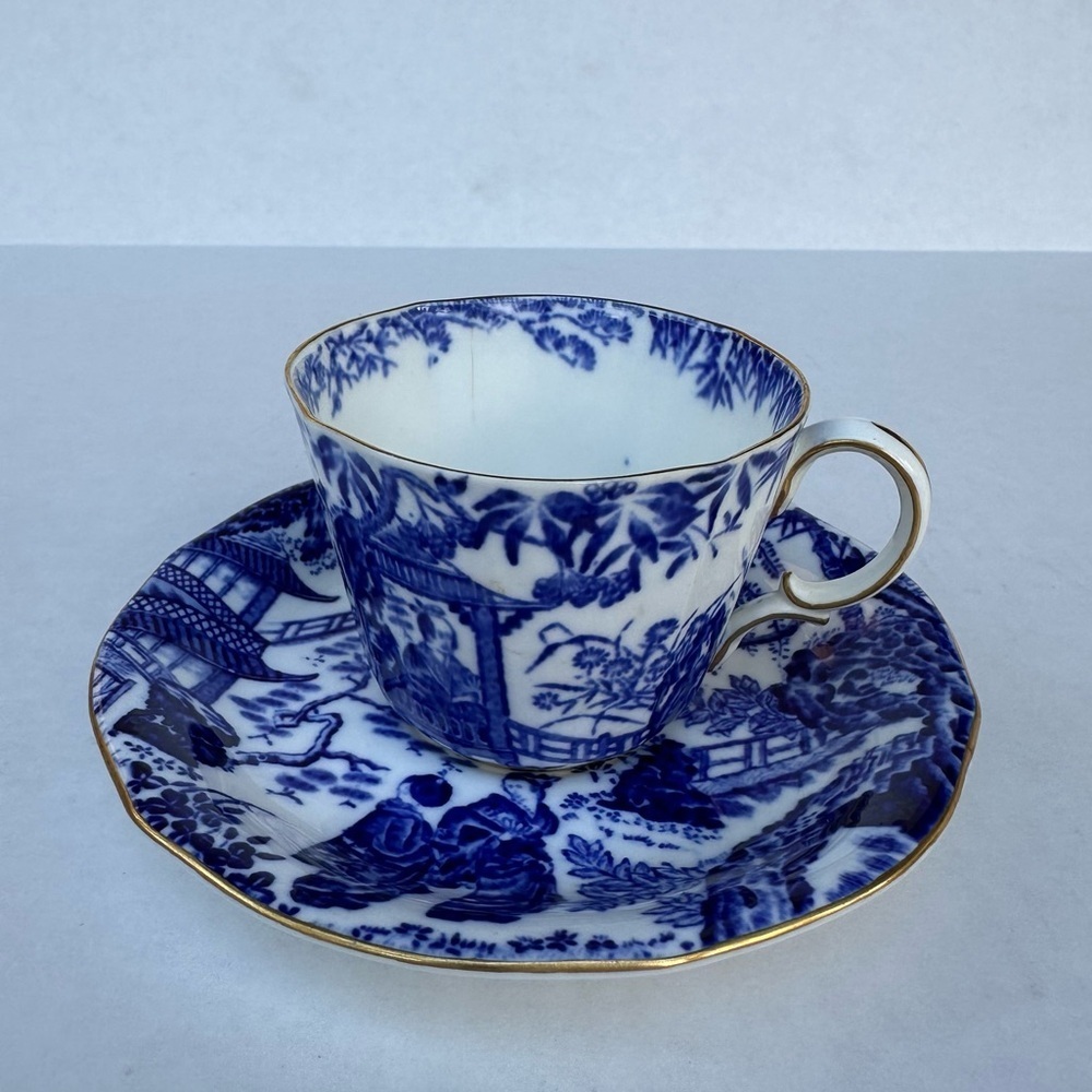 Royal Crown Derby Tea Cup & Saucer Vintage Mikado England Blue & White Gold Rim